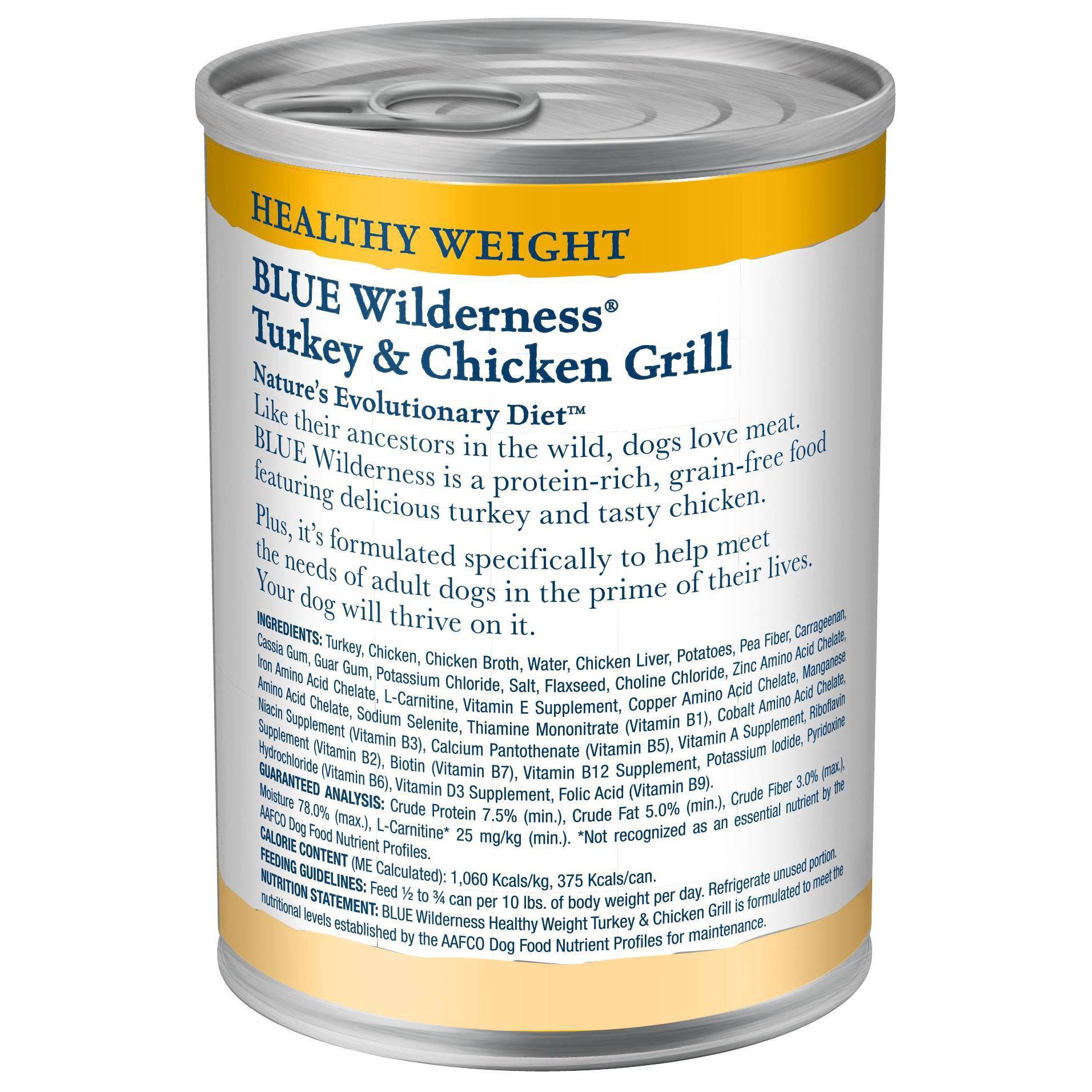 slide 7 of 9, Blue Buffalo Wilderness High Protein, Natural Adult Healthy Weight Dog Wet Food, Turkey & Chicken Grill 12.5-oz Can, 12.5 oz