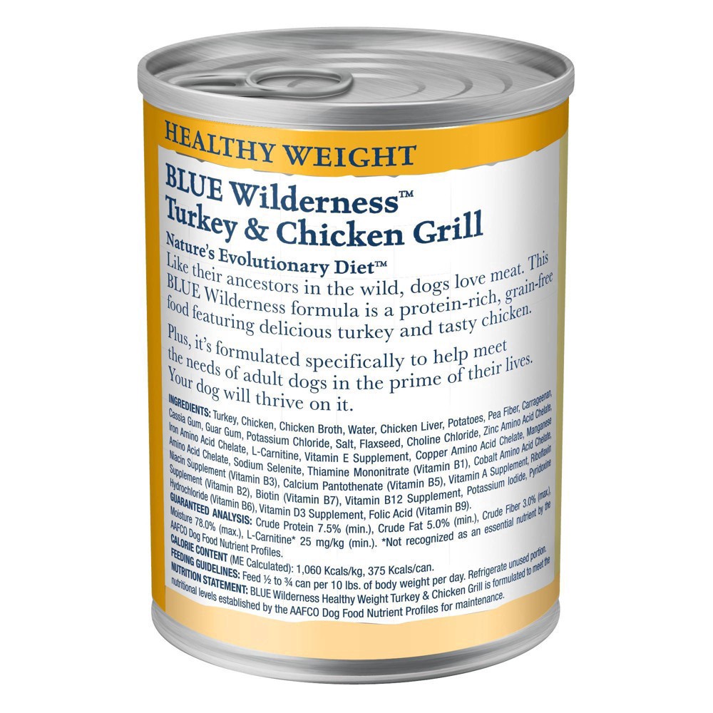 slide 2 of 9, Blue Buffalo Wilderness High Protein, Natural Adult Healthy Weight Dog Wet Food, Turkey & Chicken Grill 12.5-oz Can, 12.5 oz