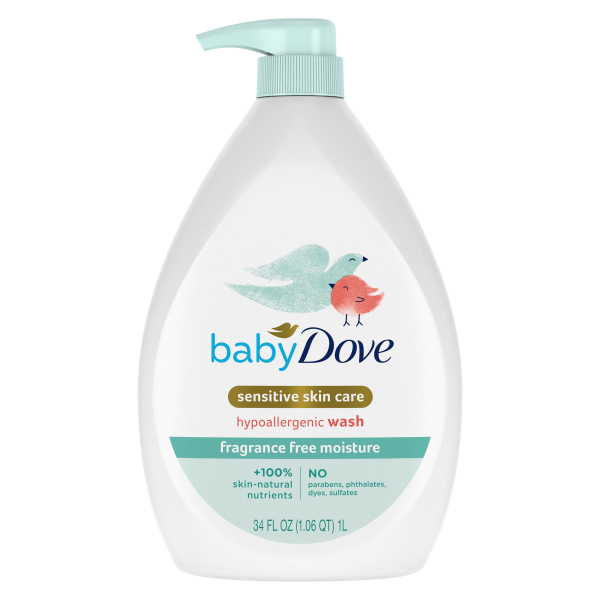 slide 6 of 21, Baby Dove Sensitive Skin Care Baby Baby Wash, Fragrance Free Moisture, 34 oz