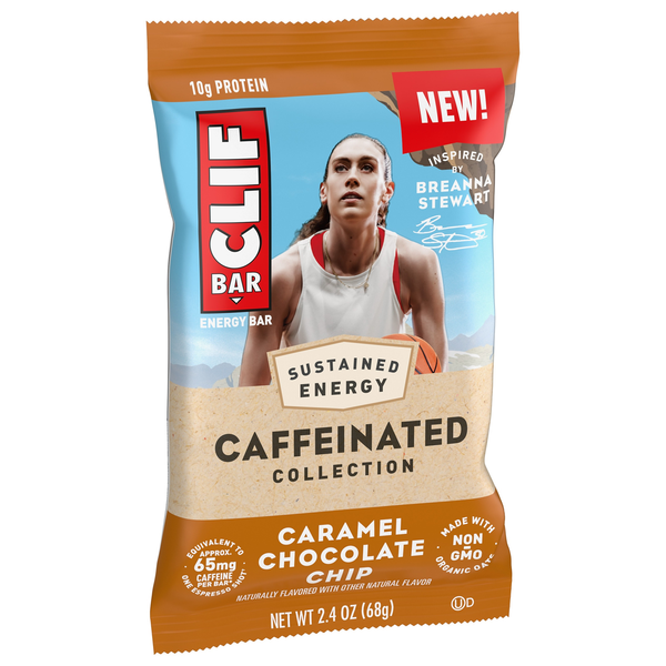slide 1 of 1, CLIF BAR Caffeinated Collection - Caramel Chocolate Chip Flavor - Made with Organic Oats - Energy Bars - Non-GMO - Plant Based Protein Bars (1 Count), 2.4 oz