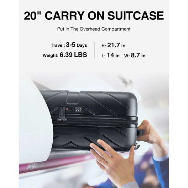 slide 5 of 10, BAGSMART Polycarbonate Rolling Daren Carry-On Suitcase, 21-3/4""H x 14""W x 8-3/4""D, Black, 1 ct
