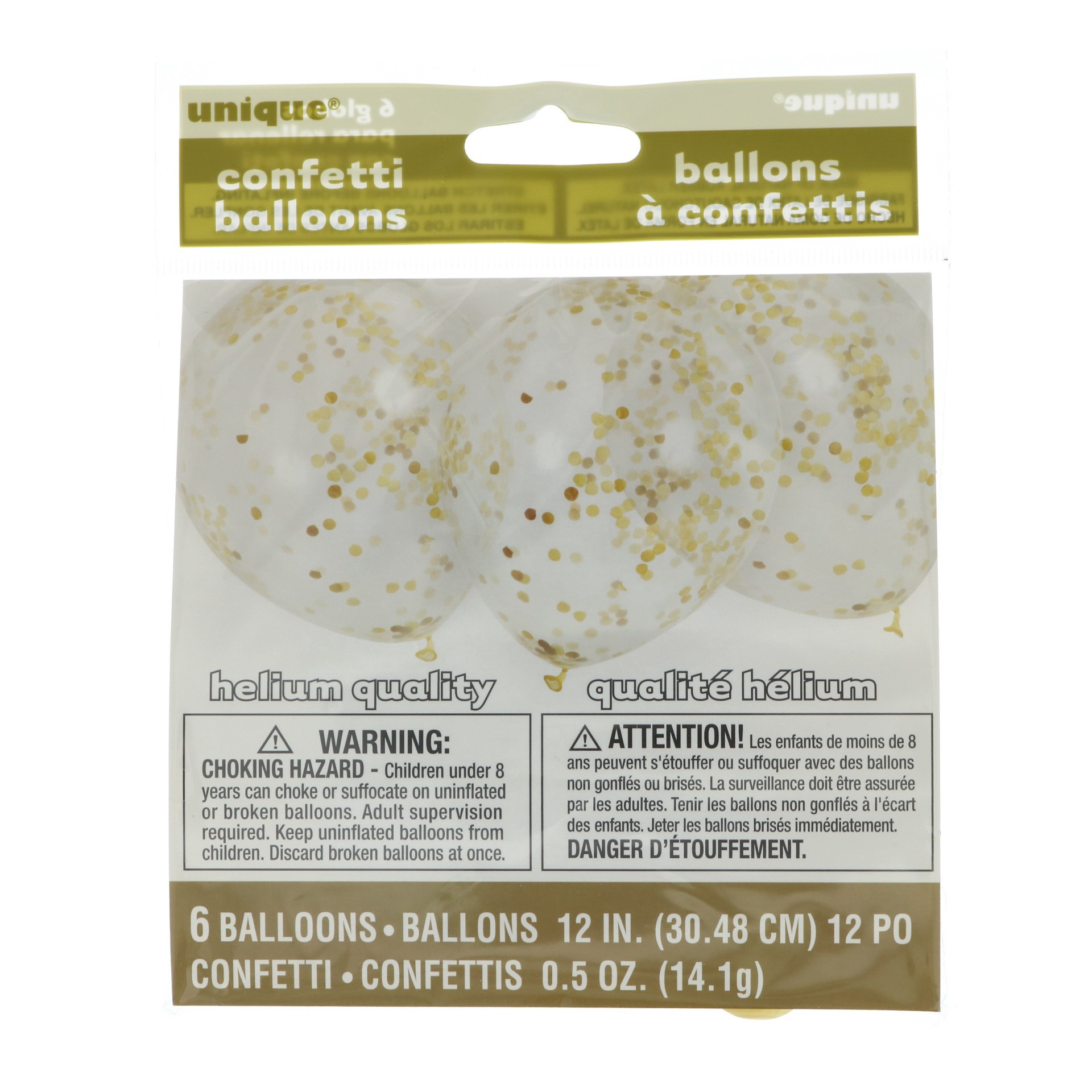 slide 1 of 1, Unique Industries Clear Balloons With Gold Confetti 12 in, 6 ct