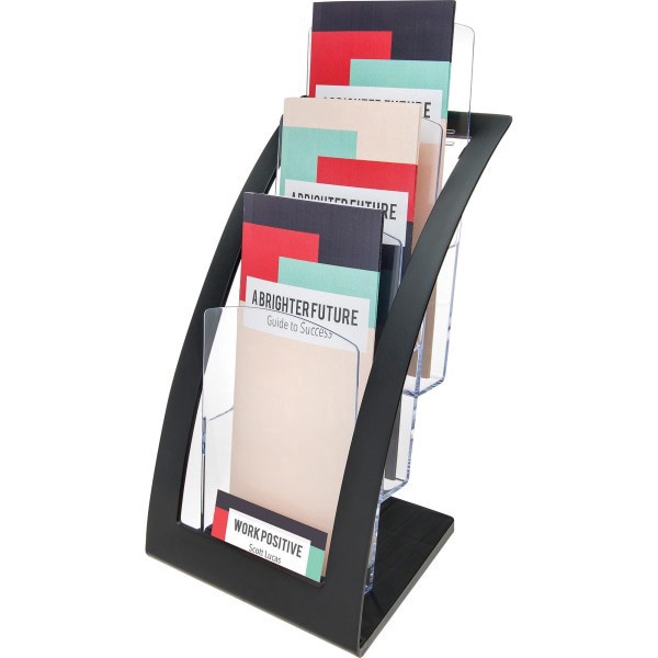 slide 3 of 8, Deflect-O Deflecto® Contemporary Literature Holder, 3 Leaflet Size Compartments, 13 5/16""H x 6 3/4""W x 6 15/16""D, Black/Clear, 1 ct
