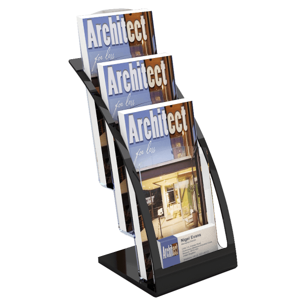 slide 1 of 8, Deflect-O Deflecto® Contemporary Literature Holder, 3 Leaflet Size Compartments, 13 5/16""H x 6 3/4""W x 6 15/16""D, Black/Clear, 1 ct