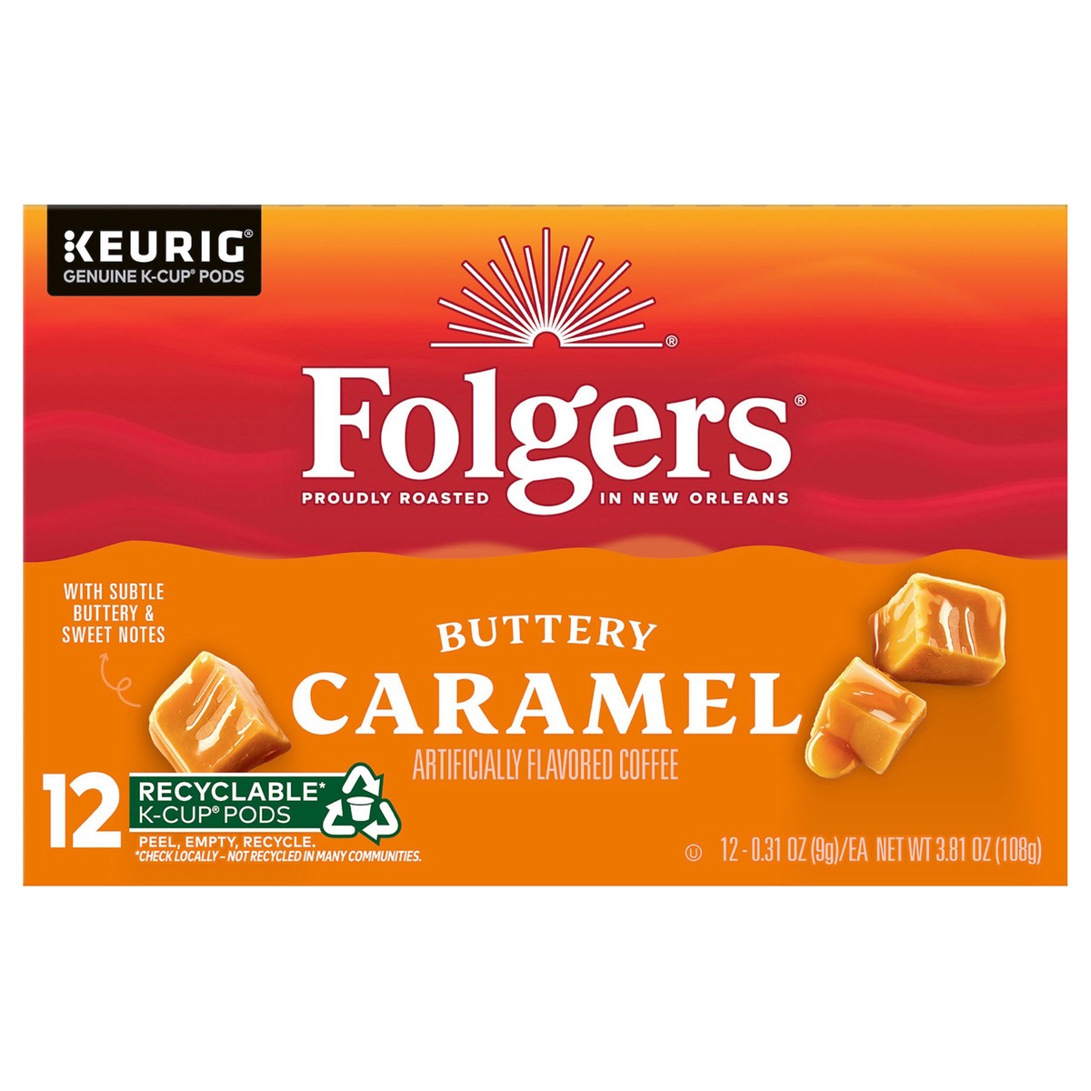 slide 1 of 8, Folgers Buttery Caramel Artificially Flavored Coffee, 12 K-Cup Pods, 12 ct