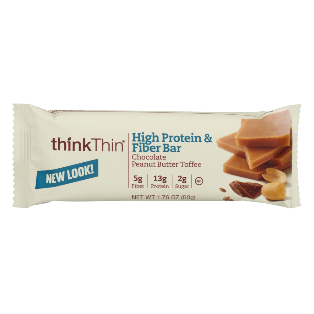 slide 1 of 1, thinkThin High Protein & Fiber Bar Chocolate Peanut Butter Toffee, 1.7 oz