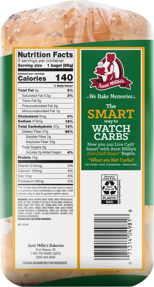 slide 6 of 12, Aunt Millie's Live Carb Smart Everything & More Bagel 5ct, 15 oz