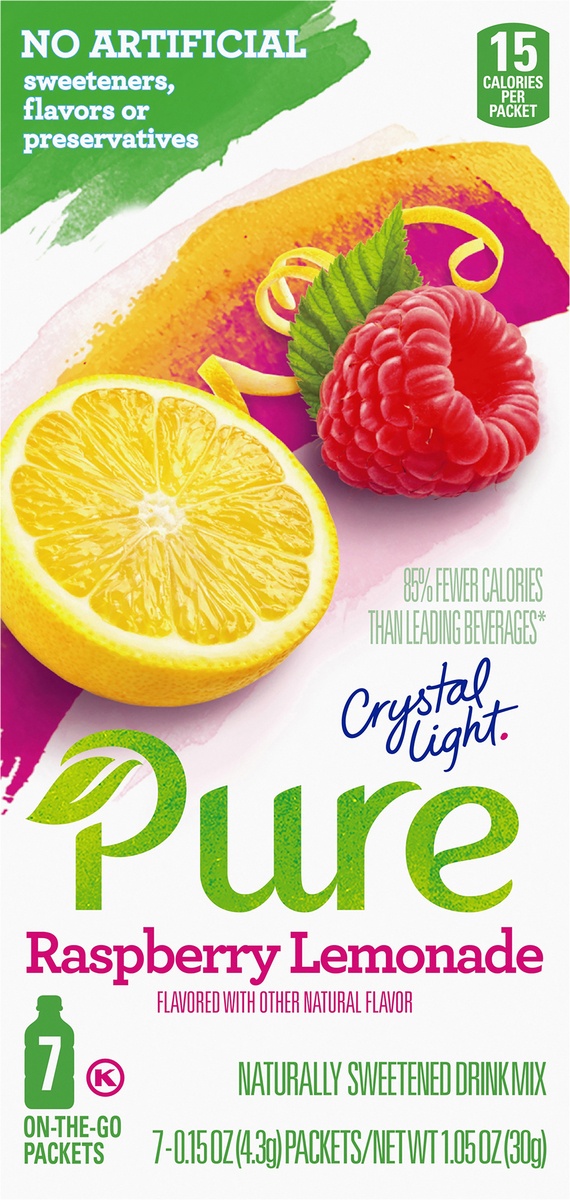 slide 9 of 11, Crystal Light Pure Raspberry Lemonade Naturally Flavored Powdered Drink Mix with No Artificial Sweeteners On-the-Go, 7 ct; 0.15 oz