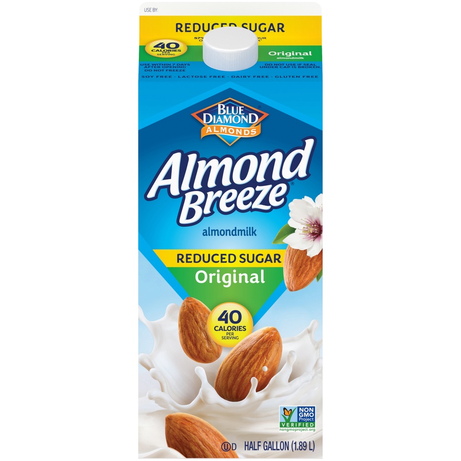 slide 1 of 2, Blue Diamond Almonds Almond Breeze Reduced Sugar Original Almondmilk, 1/2 gal