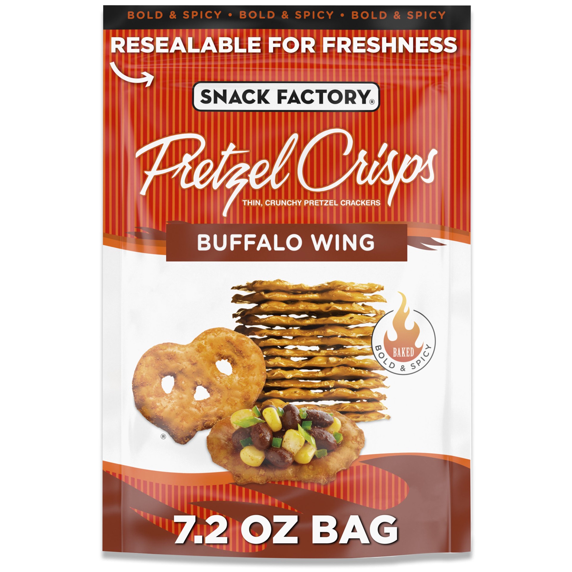 slide 1 of 5, Snack Factory Buffalo Wing Pretzel Crisps, 7.2 OZ Resealable Bag, 7.2 oz