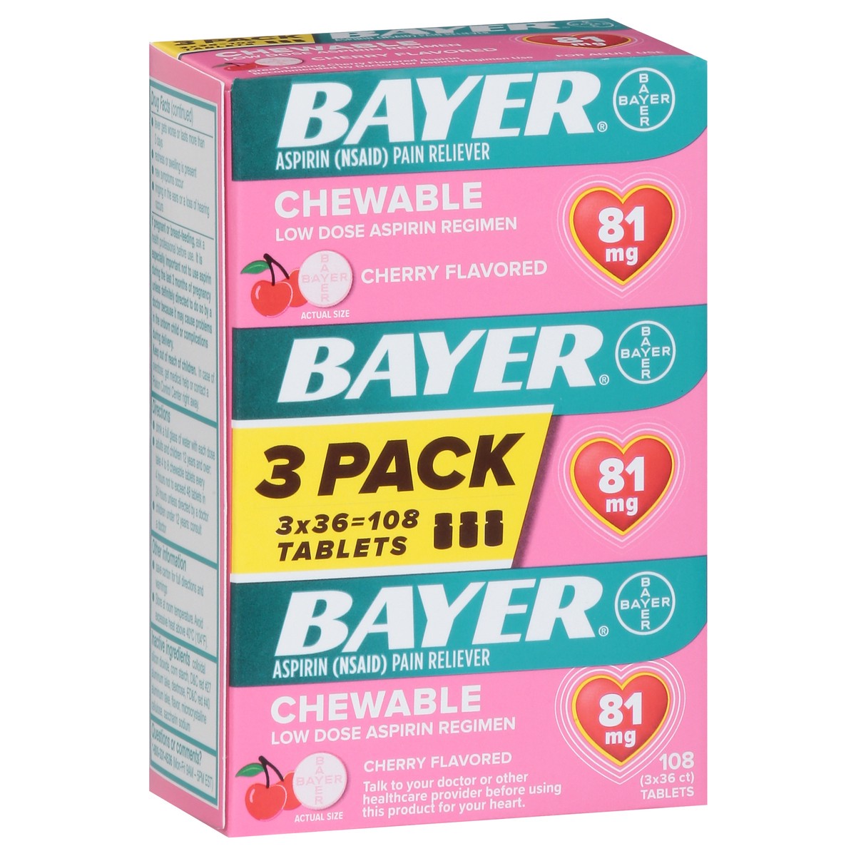 slide 8 of 10, Bayer Low Dose Aspirin Cherry 81Mg Chewable Tablets 3Pk, 36 ct