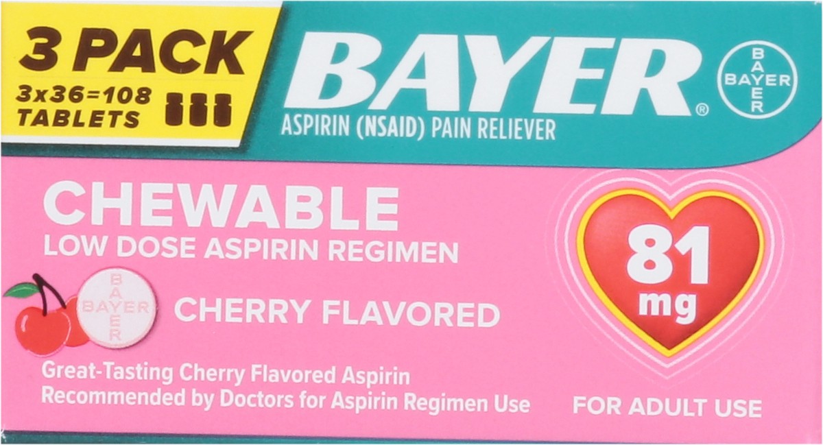 slide 6 of 10, Bayer Low Dose Aspirin Cherry 81Mg Chewable Tablets 3Pk, 36 ct