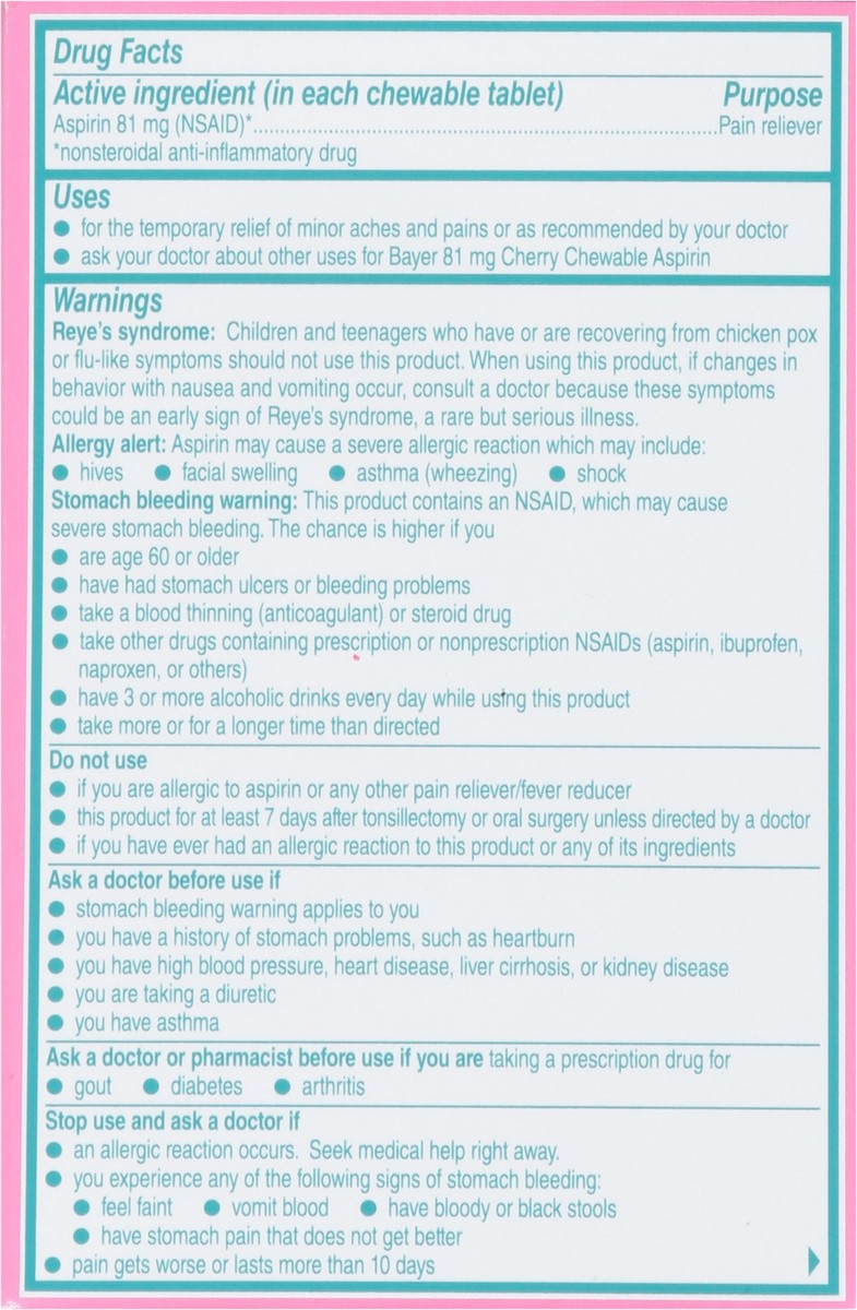 slide 9 of 10, Bayer Low Dose Aspirin Cherry 81Mg Chewable Tablets 3Pk, 36 ct
