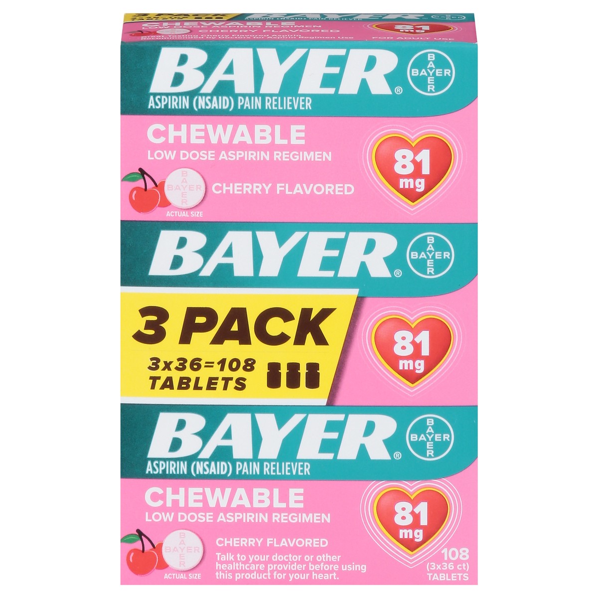 slide 3 of 10, Bayer Low Dose Aspirin Cherry 81Mg Chewable Tablets 3Pk, 36 ct