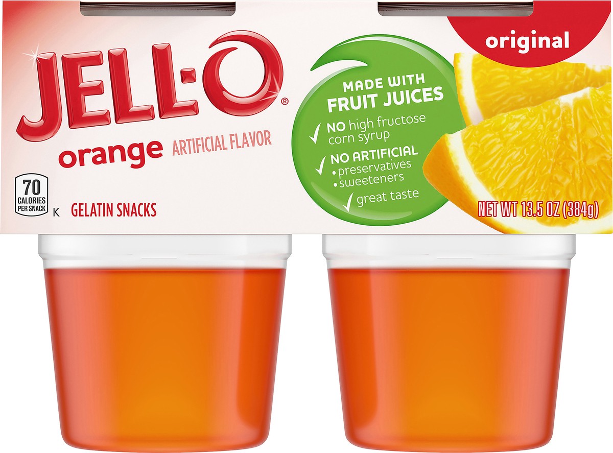 slide 2 of 9, Jell-O Original Orange Artificially Flavored Ready-to-Eat Gelatin Snack Cups, 4 ct Cups, 13.5 oz