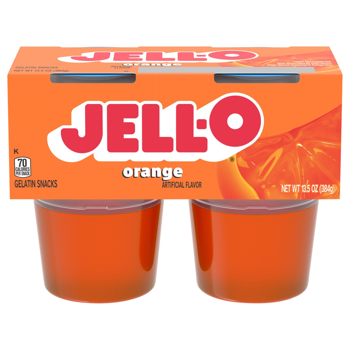 slide 1 of 9, Jell-O Original Orange Artificially Flavored Ready-to-Eat Gelatin Snack Cups, 4 ct Cups, 13.5 oz
