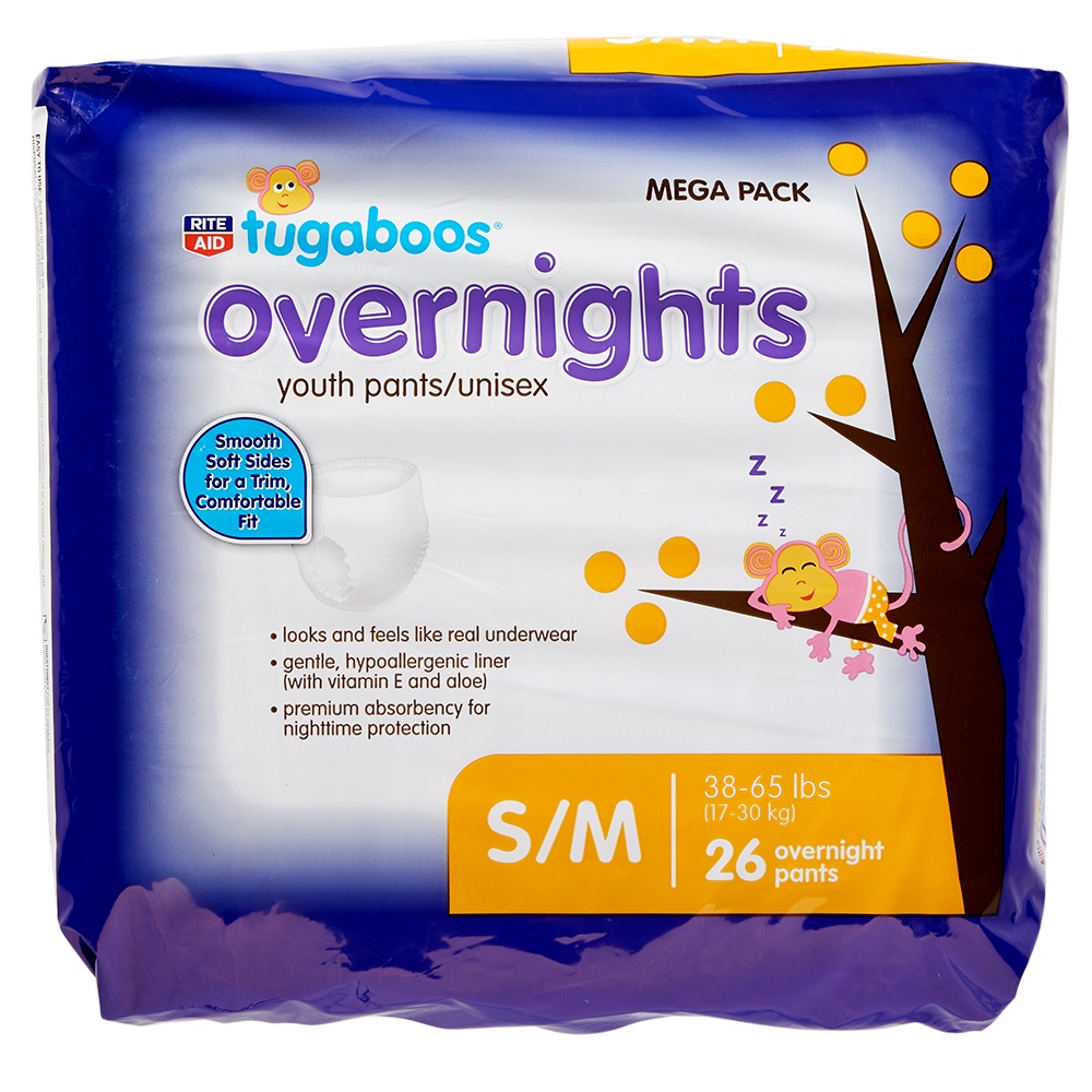 slide 1 of 2, Rite Aid Tugaboos Overnight Youth Pants, S/M, 26 ct