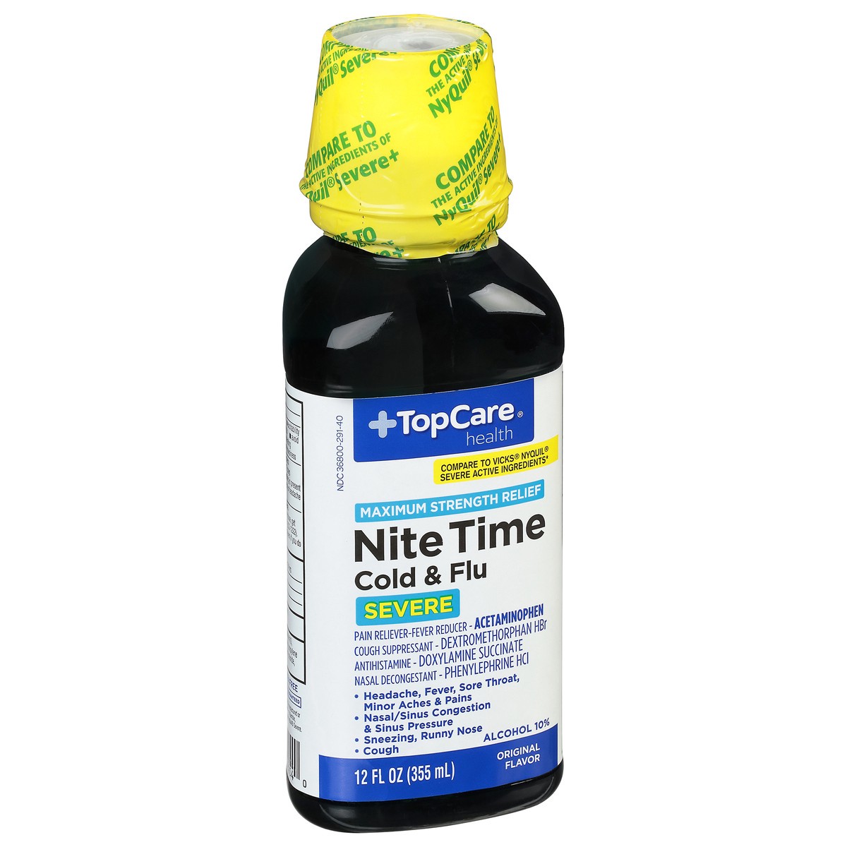 slide 3 of 10, TopCare Health Severe Maximum Strength Relief NiteTime Original Flavor Cold & Flu 12 fl oz, 12 fl oz