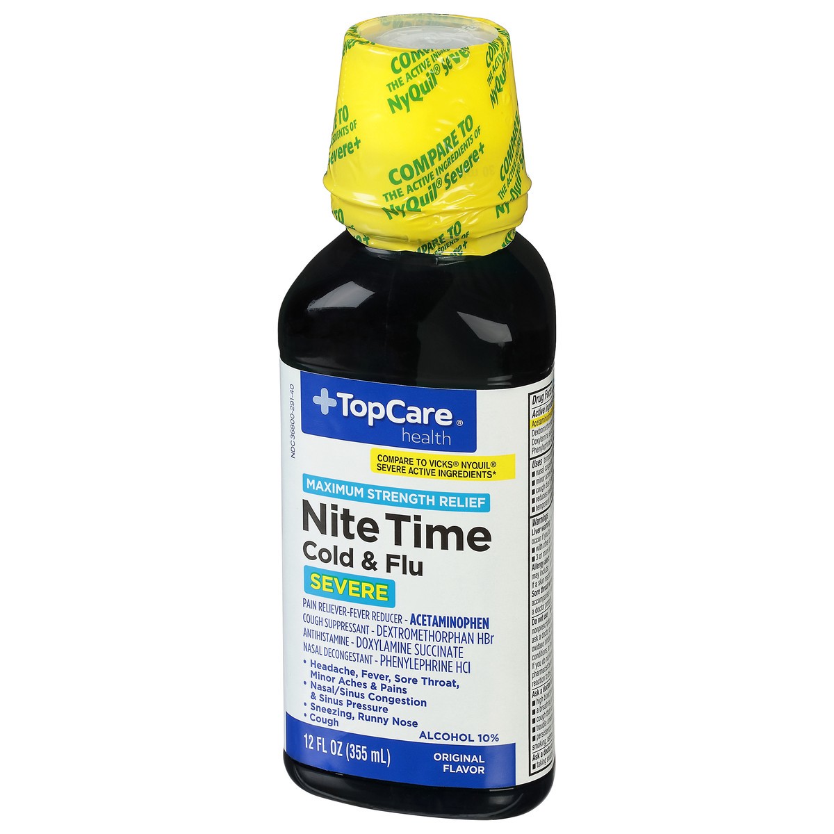 slide 8 of 10, TopCare Health Severe Maximum Strength Relief NiteTime Original Flavor Cold & Flu 12 fl oz, 12 fl oz