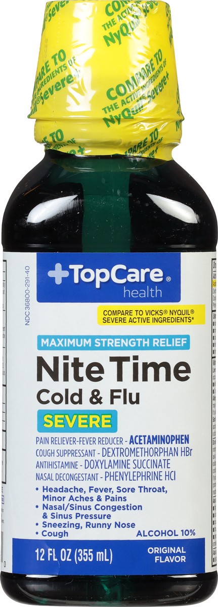 slide 5 of 10, TopCare Health Severe Maximum Strength Relief NiteTime Original Flavor Cold & Flu 12 fl oz, 12 fl oz