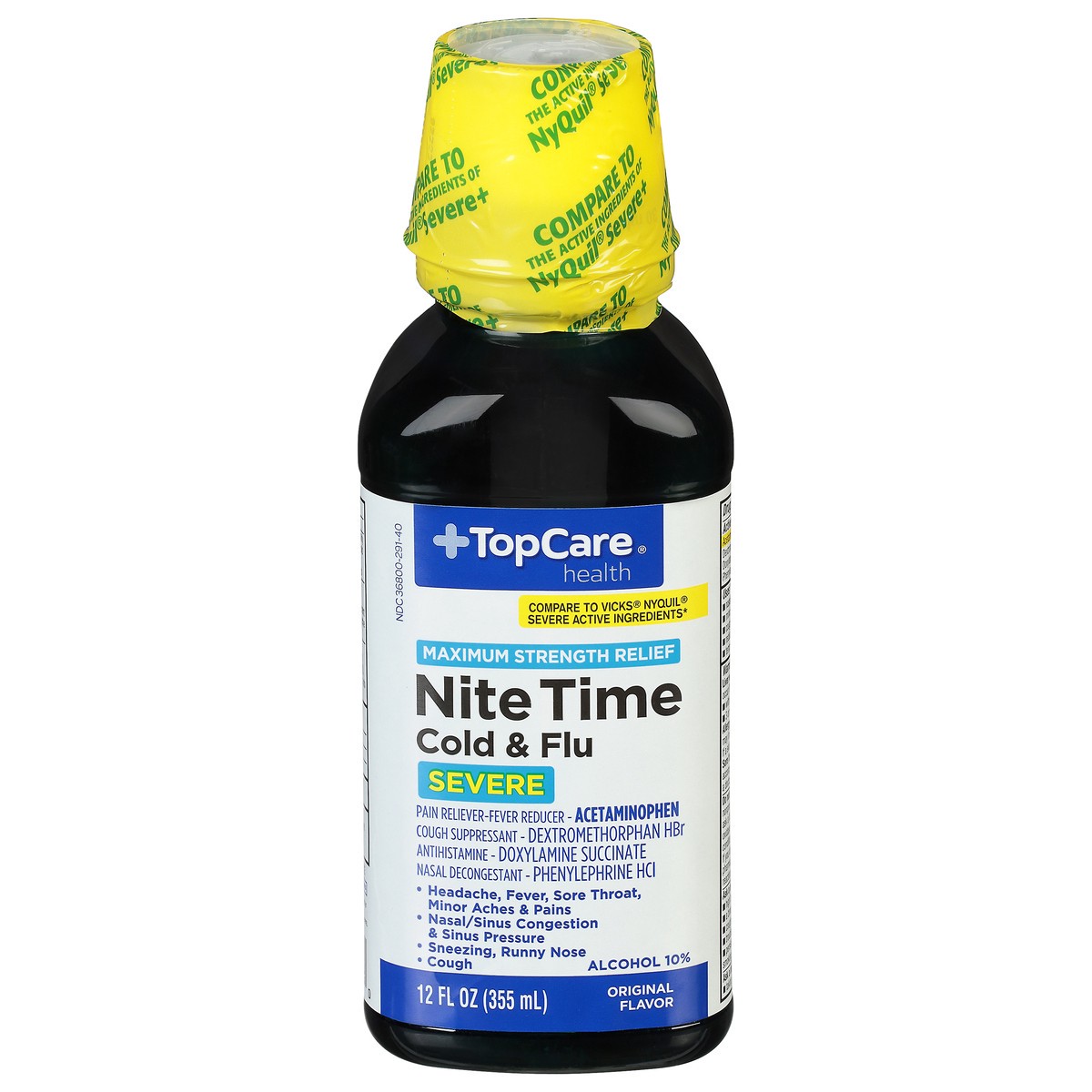 slide 7 of 10, TopCare Health Severe Maximum Strength Relief NiteTime Original Flavor Cold & Flu 12 fl oz, 12 fl oz
