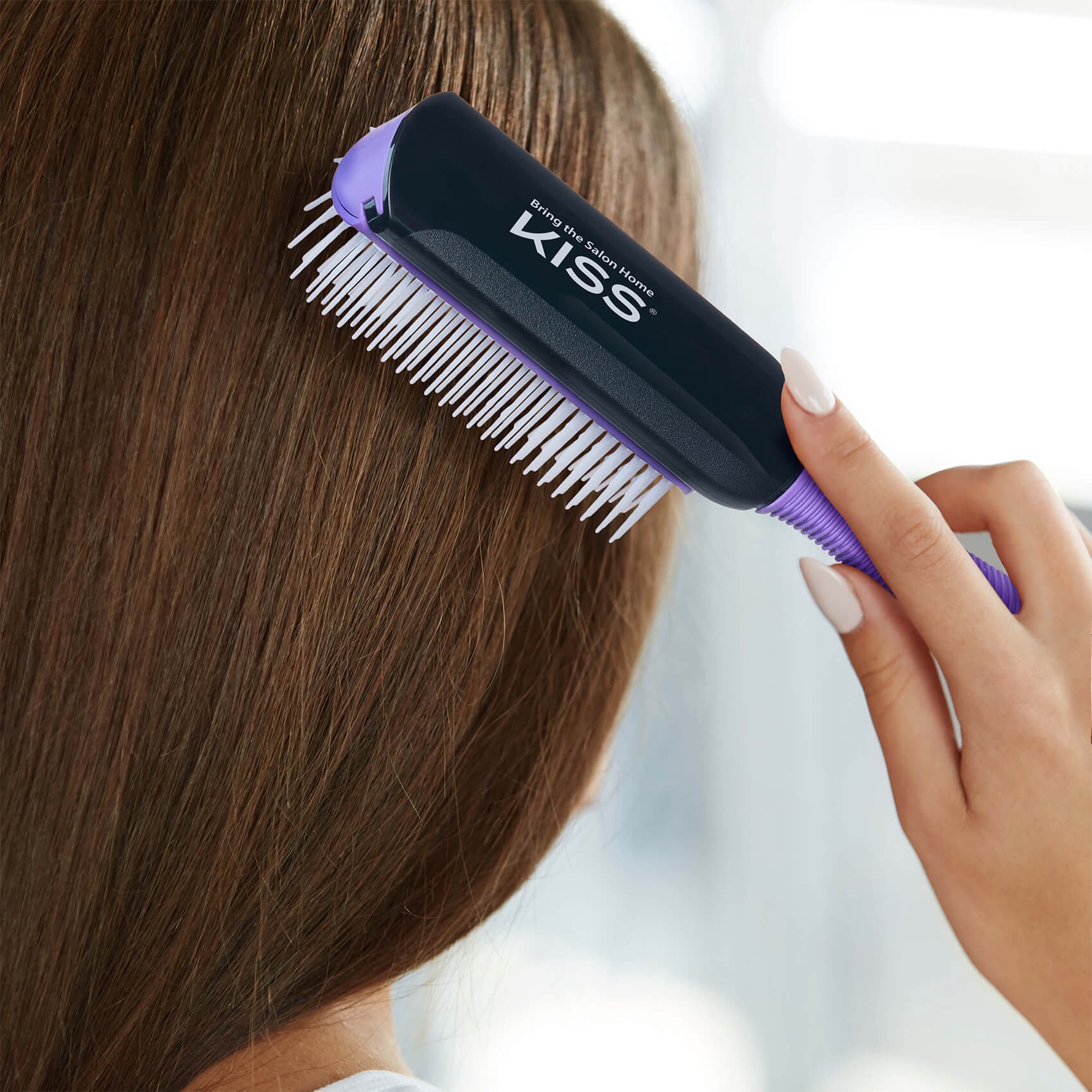 slide 5 of 5, KISS COLORS & CARE KISS 7-Row Non-Slip Travel Size 8.25" Round Detangling Cushion Hair Brush, Purple, 1 ct