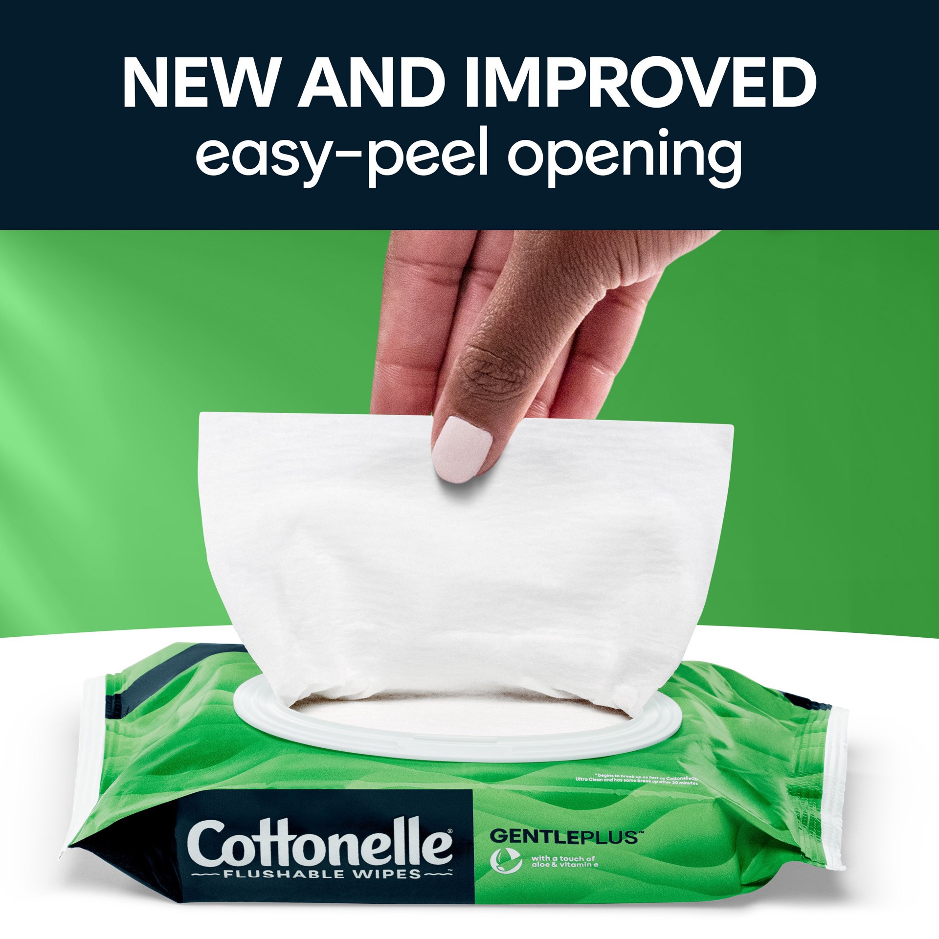slide 5 of 5, Cottonelle GentlePlus Flushable Wet Wipes with Aloe & Vitamin E, Adult Wet Wipes, 8 Flip-Top Packs, 42 Wipes Per Pack (336 Total Wipes), 8 ct