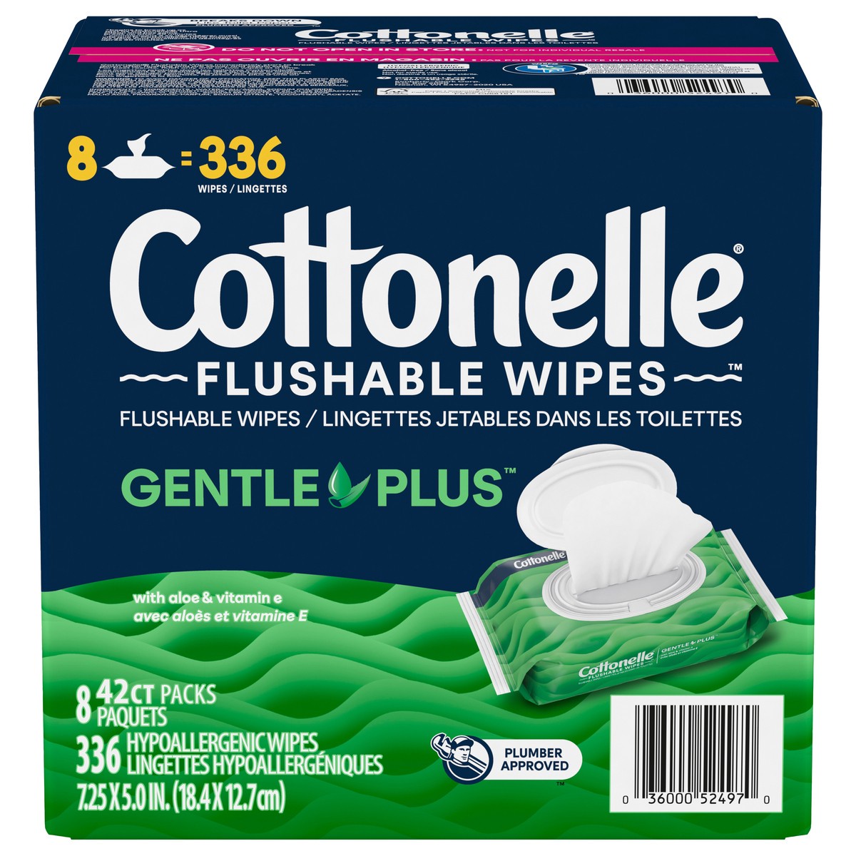 slide 1 of 5, Cottonelle GentlePlus Flushable Wet Wipes with Aloe & Vitamin E, Adult Wet Wipes, 8 Flip-Top Packs, 42 Wipes Per Pack (336 Total Wipes), 8 ct