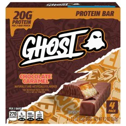 Ghost Protein Bar, Chocolate Caramel Flavor, 20g Protein, 2g Sugar, 4 Dual-Bar Packs, 9.2 oz