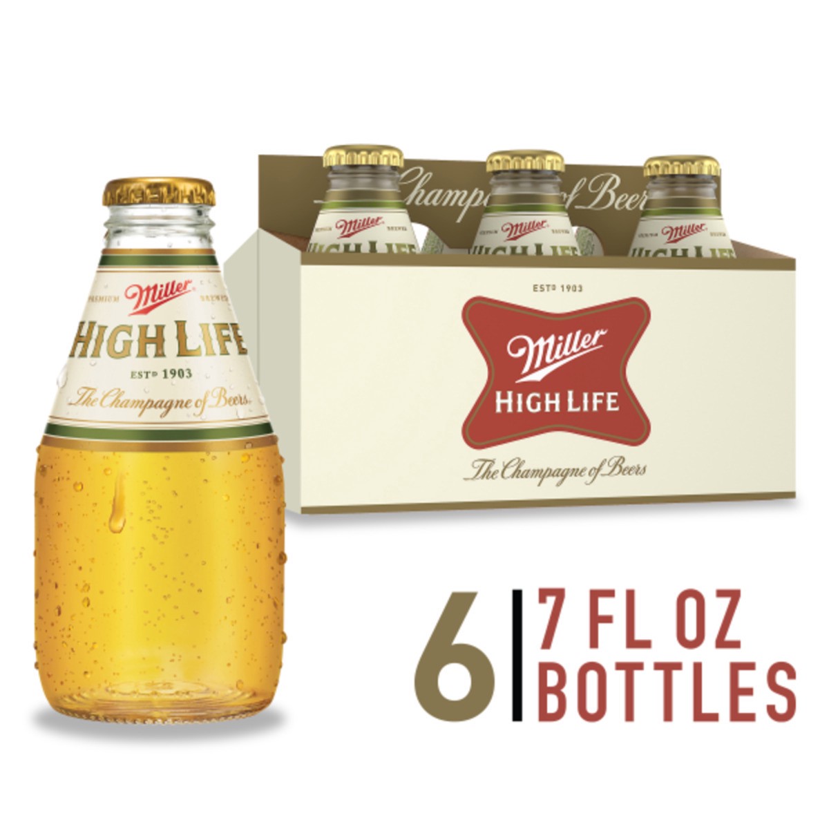 slide 1 of 5, Miller High Life American Lager Beer, 4.6% ABV, 6-pack, 7-oz. beer bottles, 6 oz