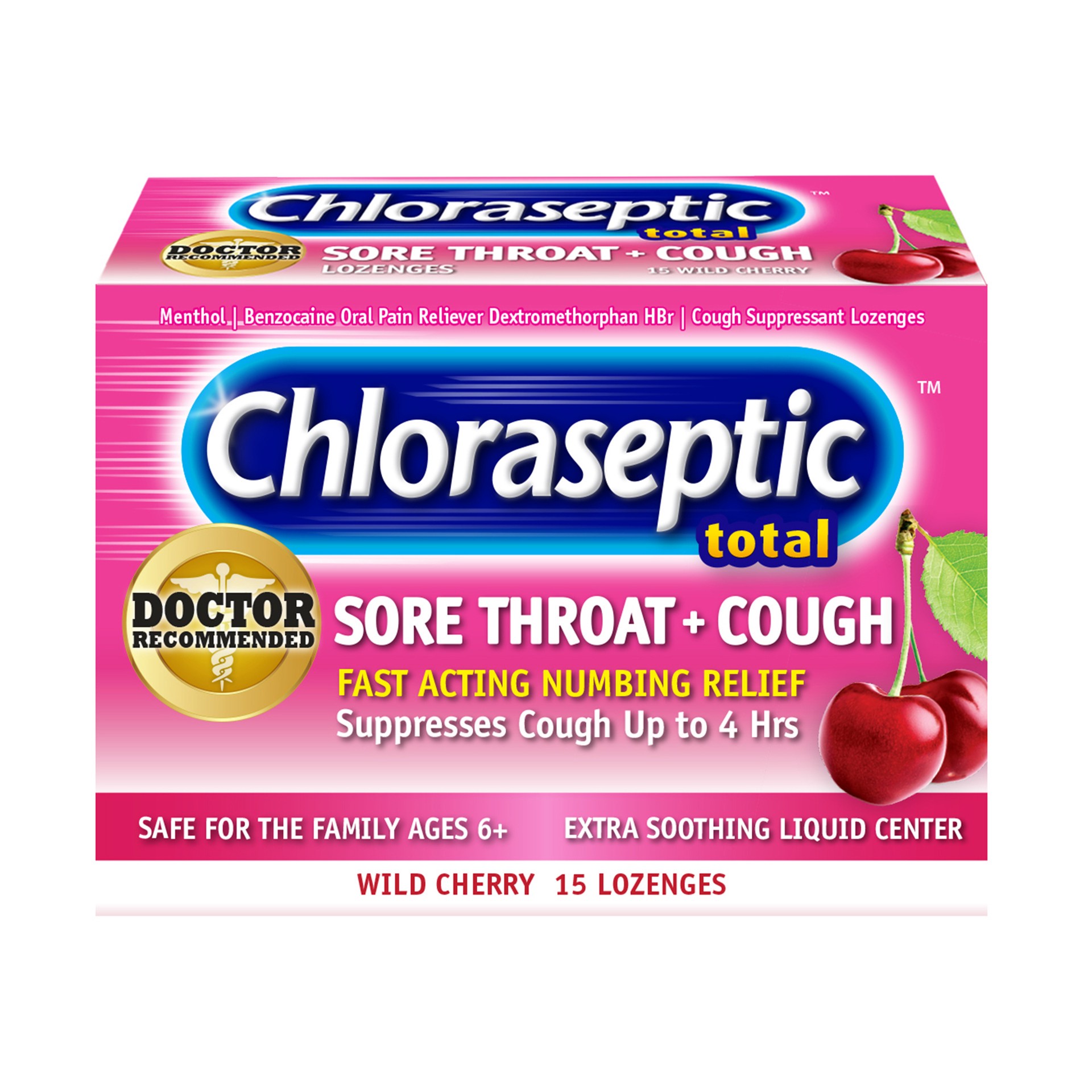 slide 1 of 4, Chloraseptic Total Sore Throat + Cough Lozenges, Wild Cherry, 15 Count, 1 Pack, 15 ct