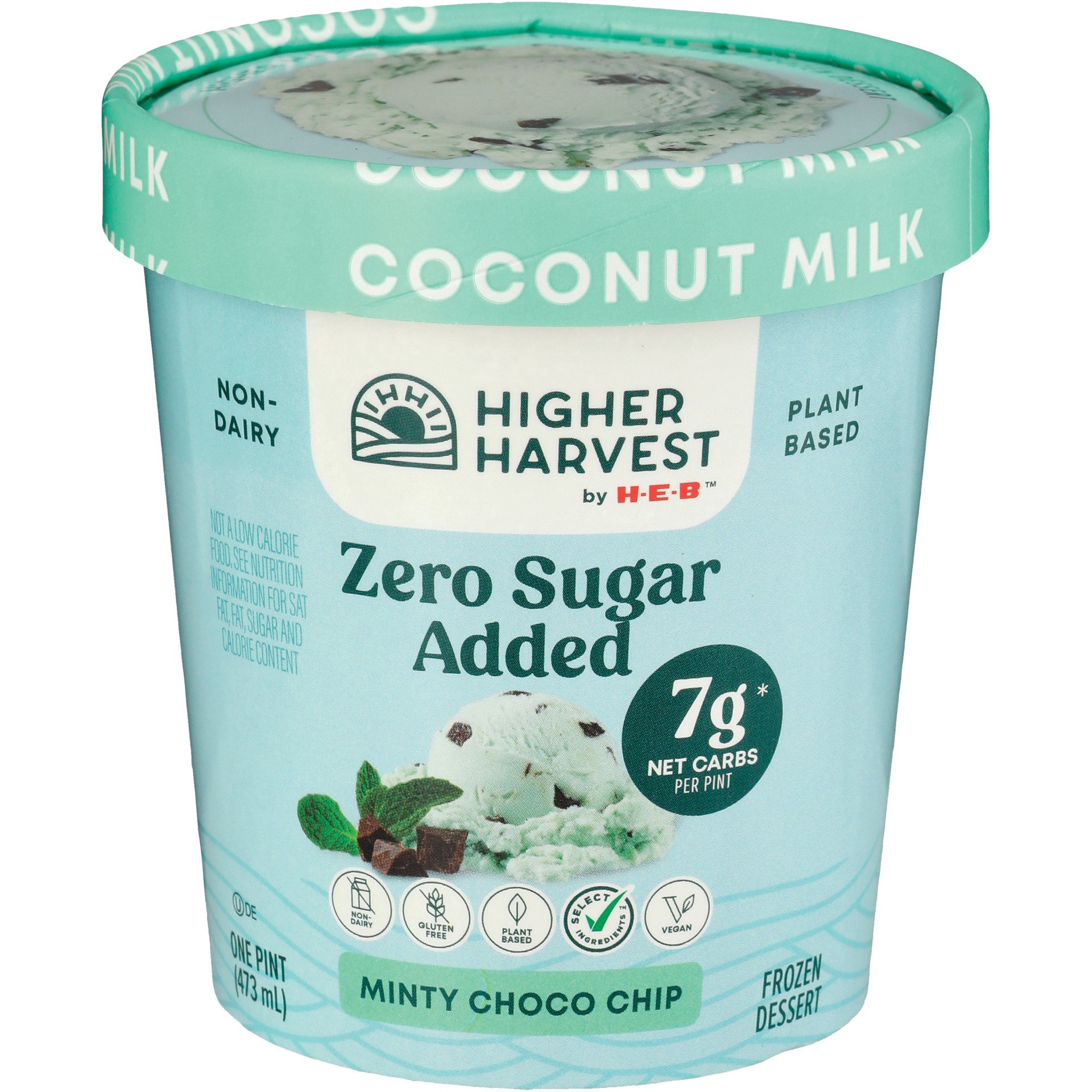 slide 1 of 1, Higher Harvest by H-E-B Zero Sugar Added Non-Dairy Frozen Dessert - Minty Choco Chip, 1 pint