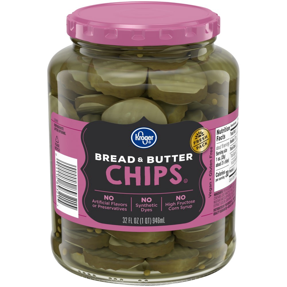 slide 2 of 3, Kroger Bread & Butter Pickle Chips, 32 fl oz