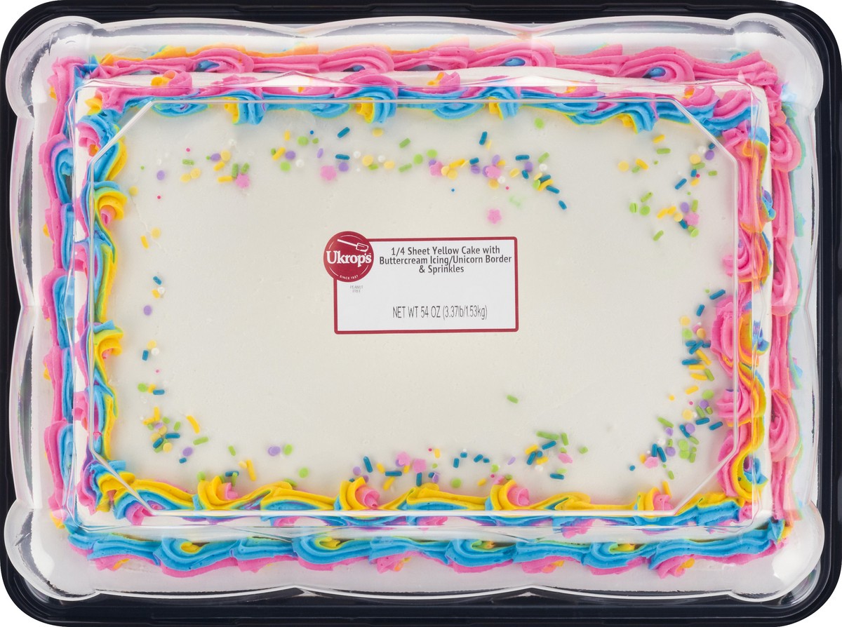 slide 1 of 9, Ukrops 1/4 Sheet Yellow Cake with Buttercream Icing/Unicorn Border & Sprinkles 54 oz, 54 oz