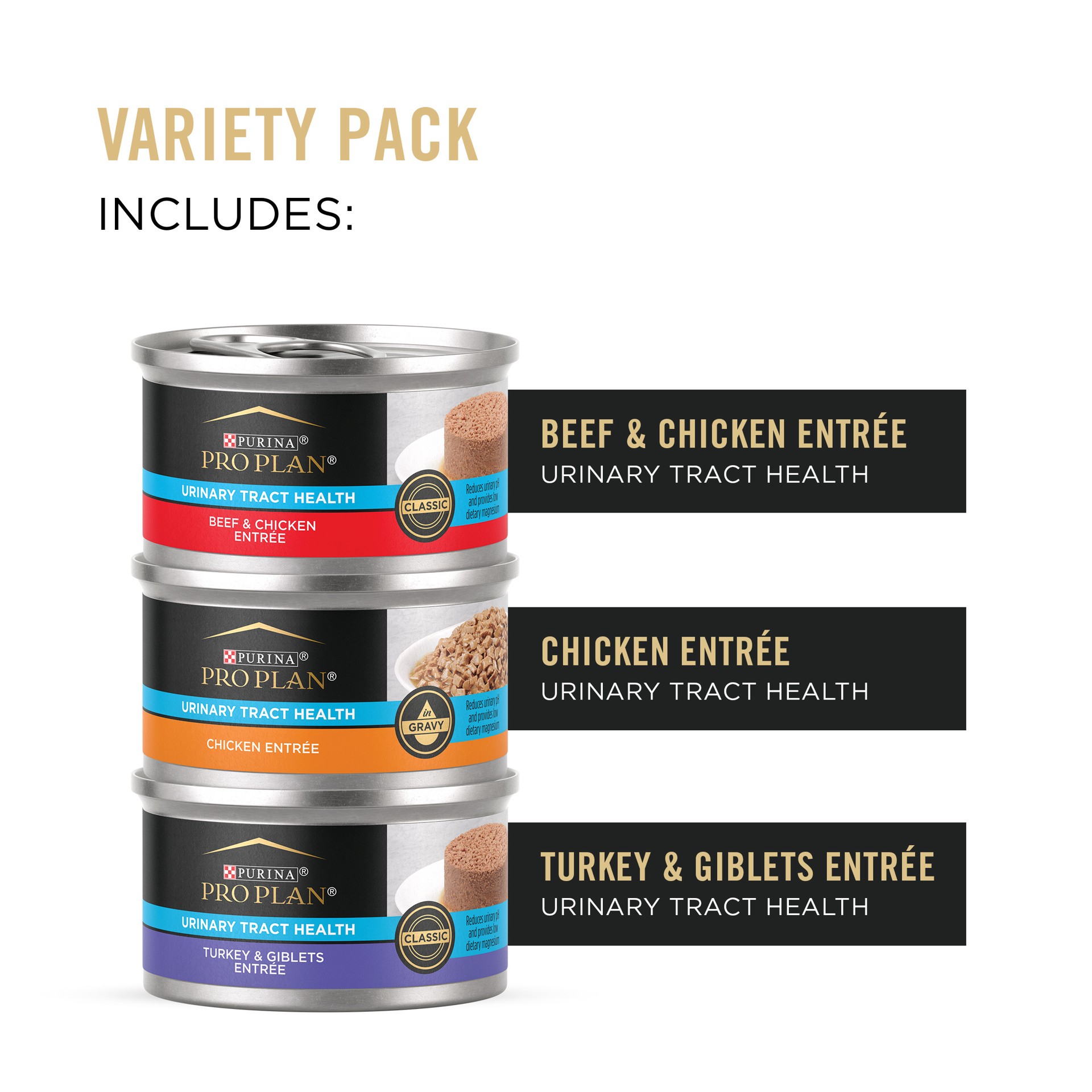 slide 4 of 9, Purina Pro Plan Urinary Cat Food Wet Variety Pack Urinary Tract Health Chicken, Beef and Chicken, and Turkey and Giblets, 9 lb