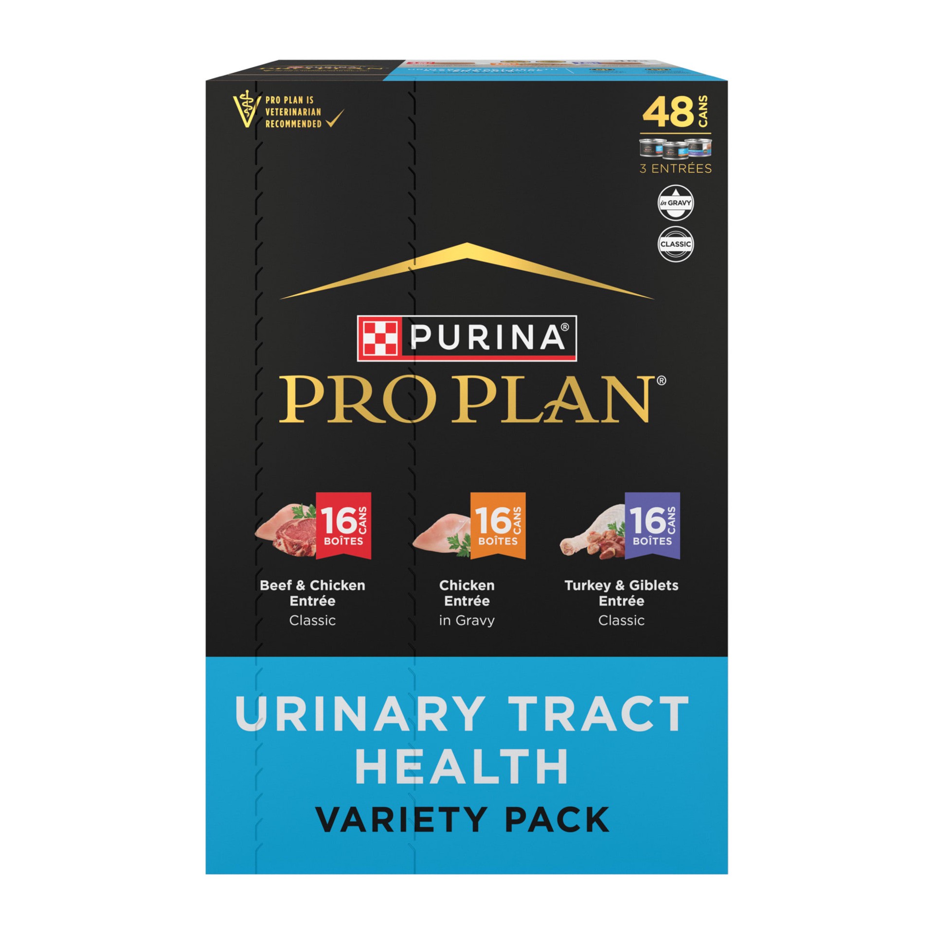 slide 1 of 9, Purina Pro Plan Urinary Cat Food Wet Variety Pack Urinary Tract Health Chicken, Beef and Chicken, and Turkey and Giblets, 9 lb