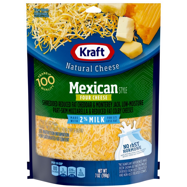 slide 1 of 6, Kraft Natural Cheese Mexican Style Four Cheese With 2 Milk Shredded Cheese, 7 oz