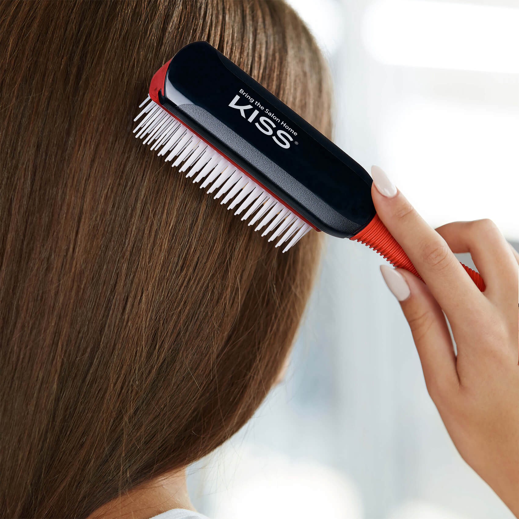 slide 2 of 5, KISS COLORS & CARE KISS 9-Row Non-Slip Travel Size 8.25" Round Detangling Cushion Hair Brush, Red, 1 ct