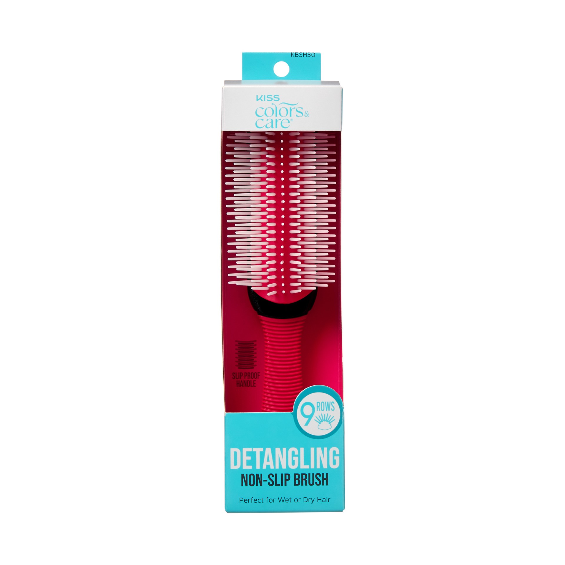 slide 1 of 5, KISS COLORS & CARE KISS 9-Row Non-Slip Travel Size 8.25" Round Detangling Cushion Hair Brush, Red, 1 ct