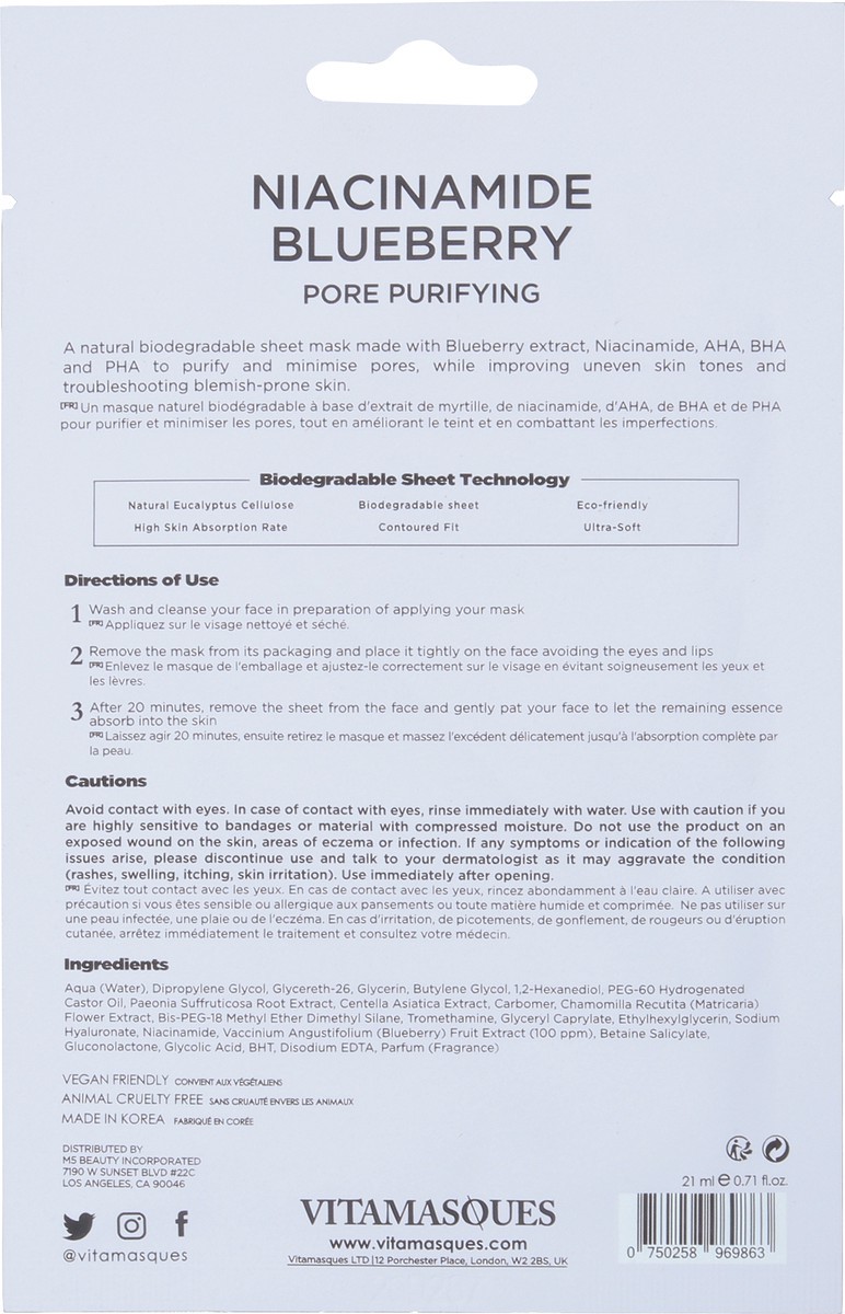slide 6 of 13, Vitamasques Pore Purifying Niaciamide Natural & Biodegradable Blueberry Sheet Mask 0.71 fl oz, 0.71 fl oz