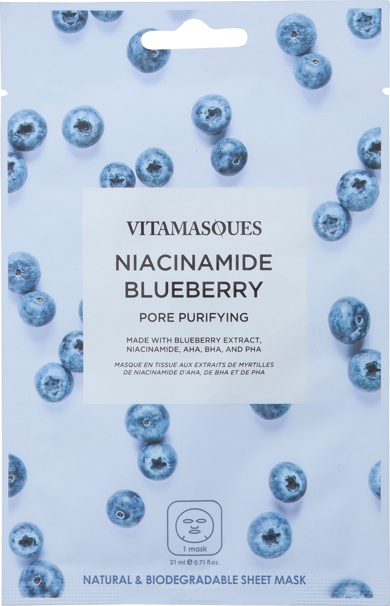 slide 3 of 13, Vitamasques Pore Purifying Niaciamide Natural & Biodegradable Blueberry Sheet Mask 0.71 fl oz, 0.71 fl oz