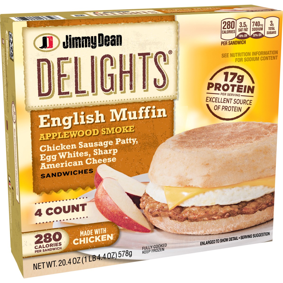 slide 8 of 9, Jimmy Dean Delights English Muffin Breakfast Sandwiches with Applewood Smoke Chicken Sausage, Egg White, and Sharp American Cheese, Frozen, 4 Count, 4 ct; 20.4 oz