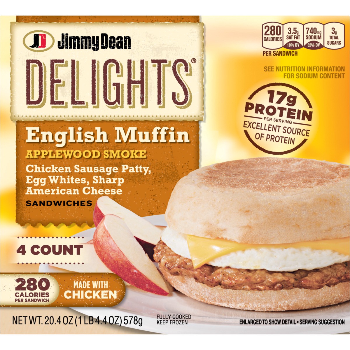 slide 4 of 9, Jimmy Dean Delights English Muffin Breakfast Sandwiches with Applewood Smoke Chicken Sausage, Egg White, and Sharp American Cheese, Frozen, 4 Count, 4 ct; 20.4 oz