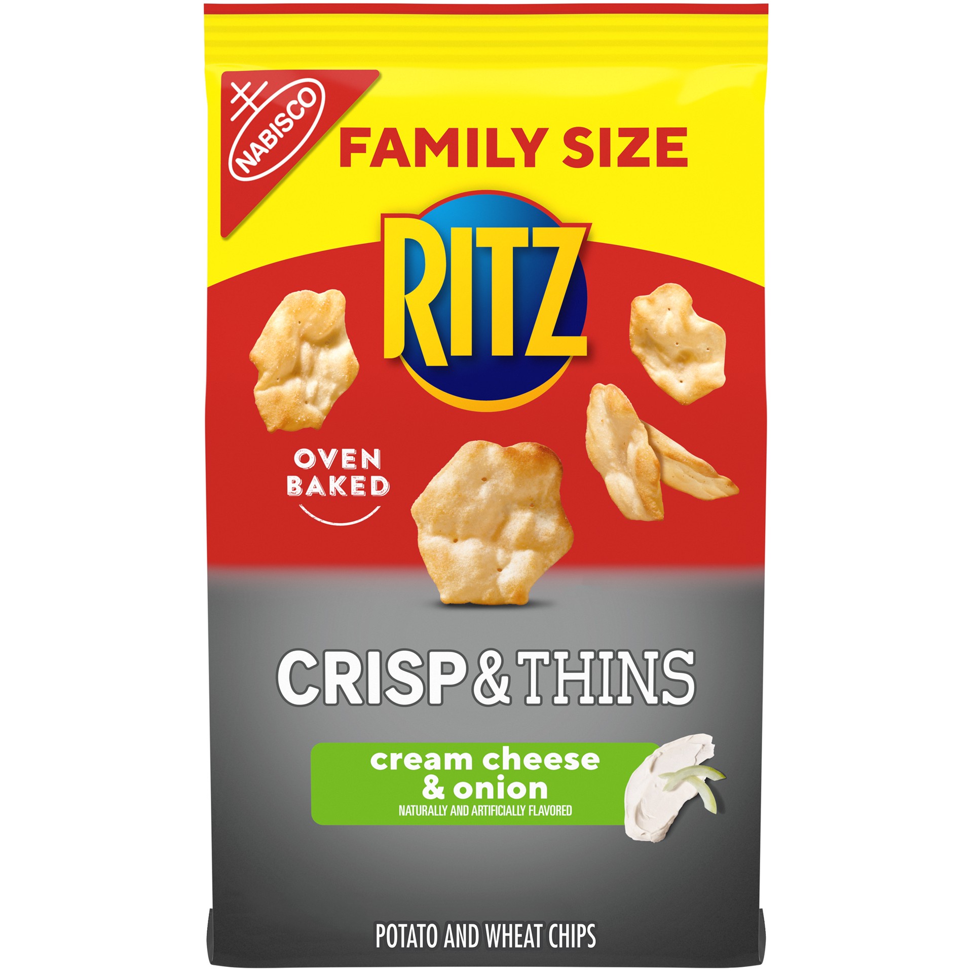 slide 1 of 5, RITZ Crisp and Thins Cream Cheese & Onion Chips, Family Size, 10 oz, 0.62 lb