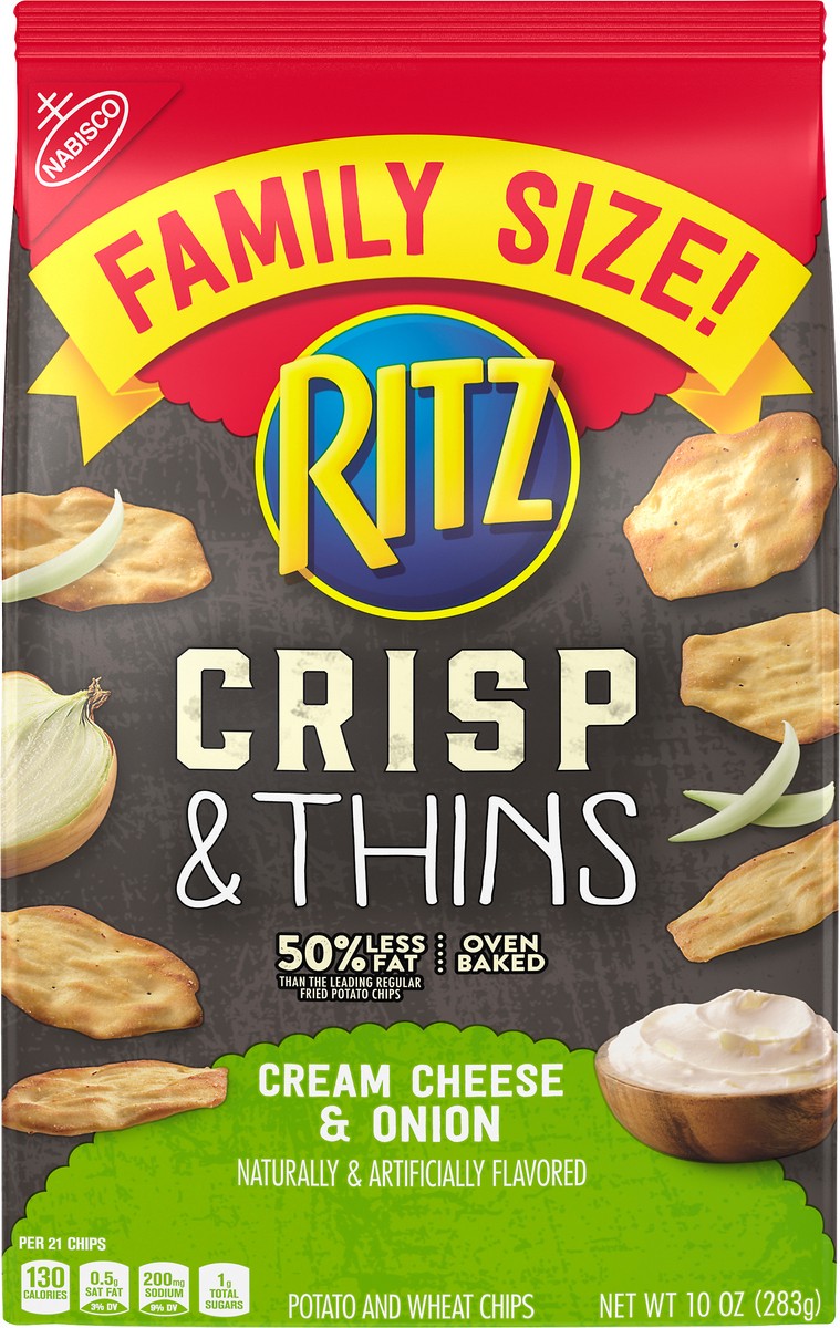slide 4 of 5, RITZ Crisp and Thins Cream Cheese & Onion Chips, Family Size, 10 oz, 0.62 lb