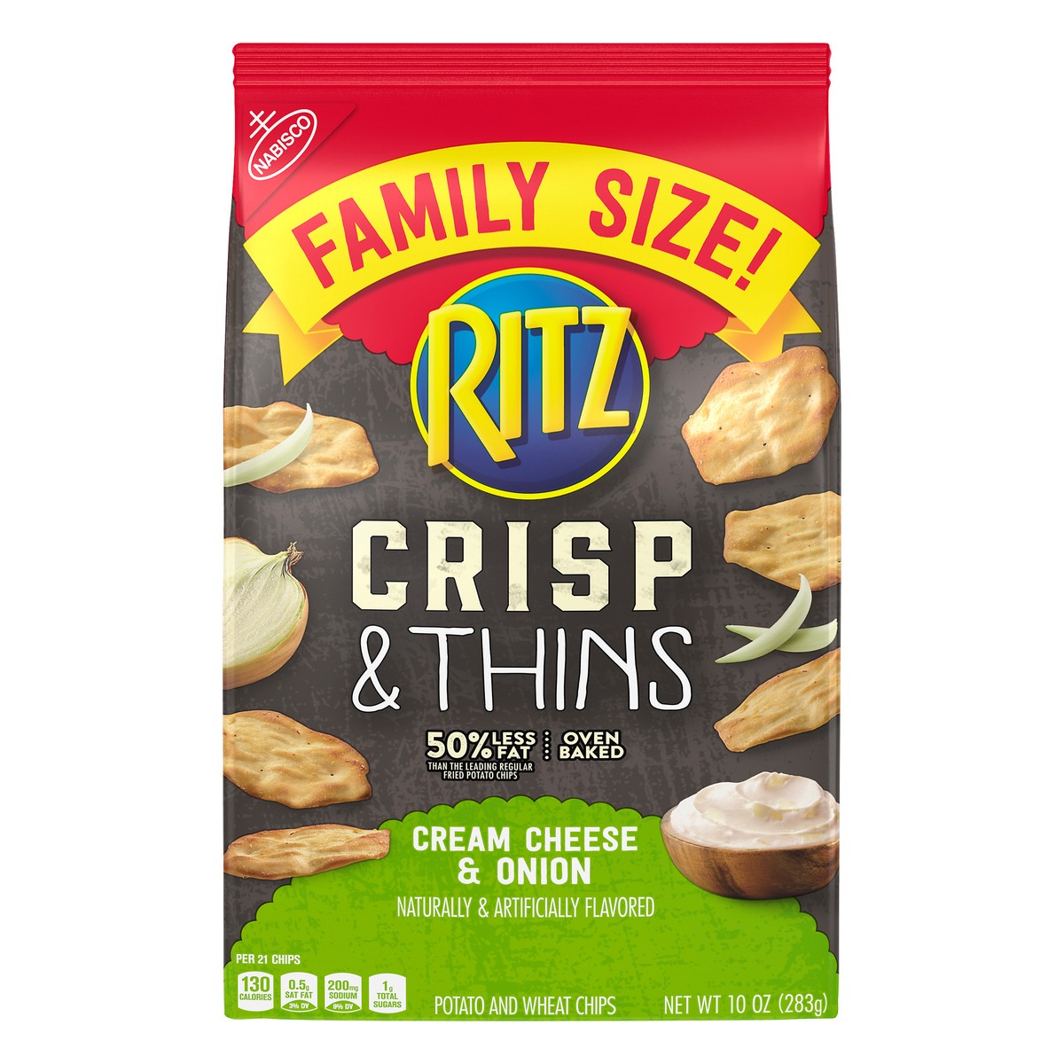 slide 1 of 5, RITZ Crisp and Thins Cream Cheese & Onion Chips, Family Size, 10 oz, 0.62 lb