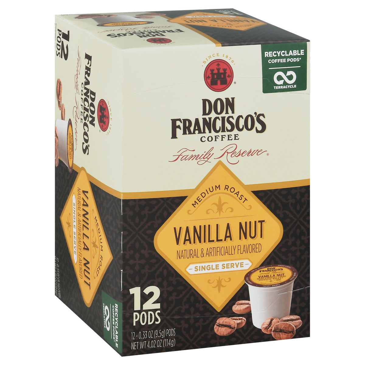 slide 4 of 16, Don Francisco's Coffee Family Reserve Vanilla Nut Coffee Single Serve Cups - 12 ct; 0.33 oz, 12 ct; 0.33 oz