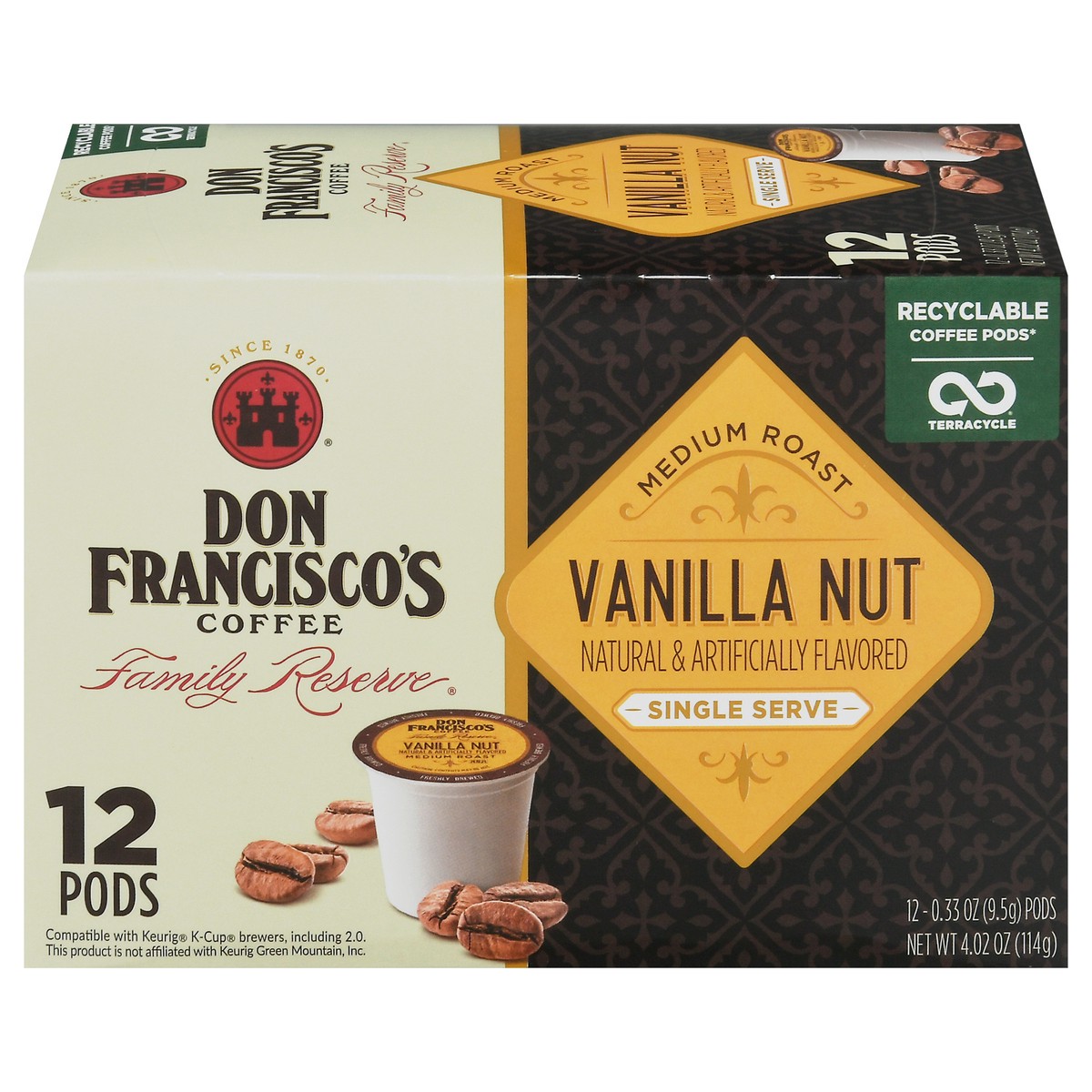 slide 9 of 16, Don Francisco's Coffee Family Reserve Vanilla Nut Coffee Single Serve Cups - 12 ct; 0.33 oz, 12 ct; 0.33 oz