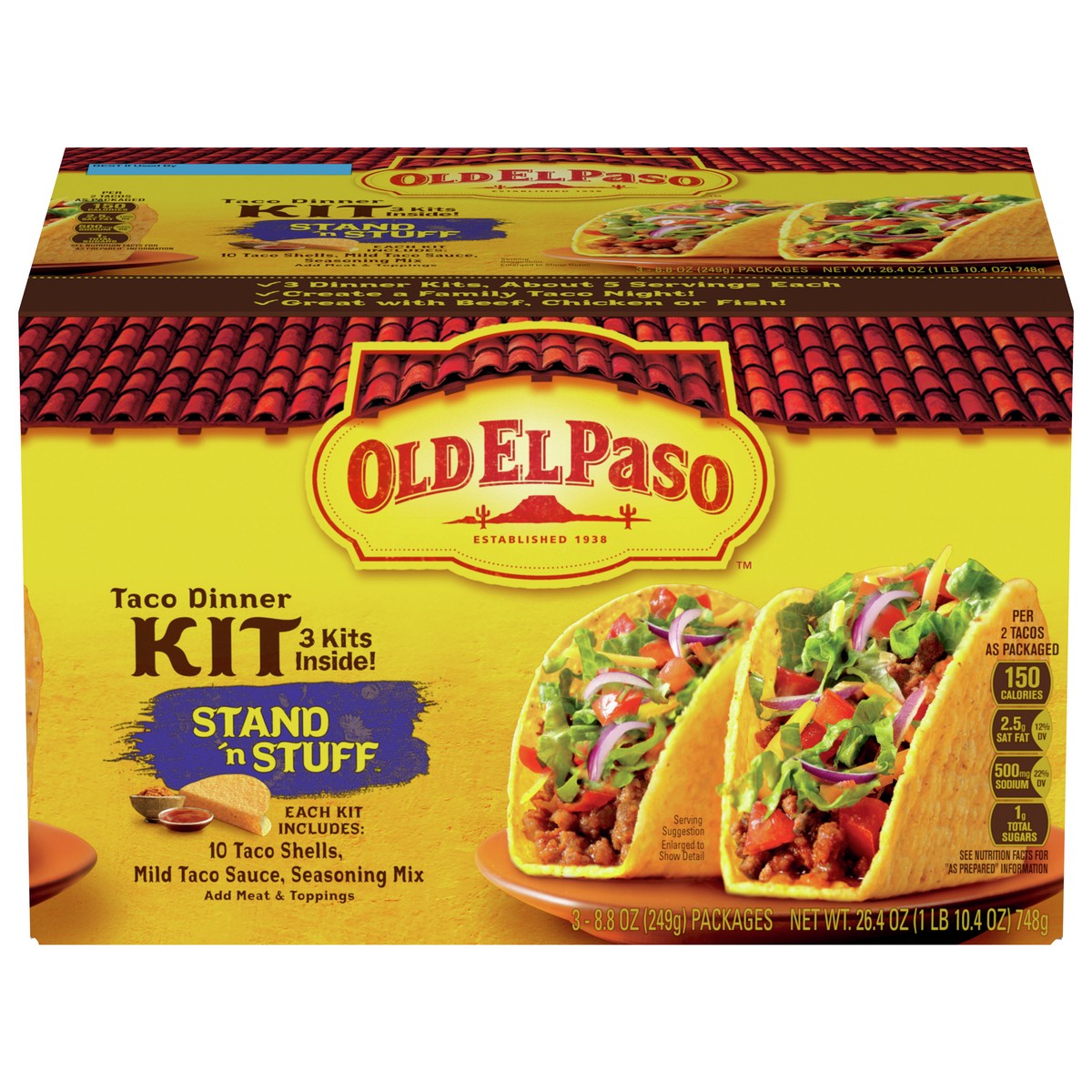 slide 1 of 13, Old El Paso Stand 'N Stuff Taco Dinner Kit with Taco Shells, Taco Sauce, and Seasoning Mix, 3 Pack, 26.4 oz, 3 ct