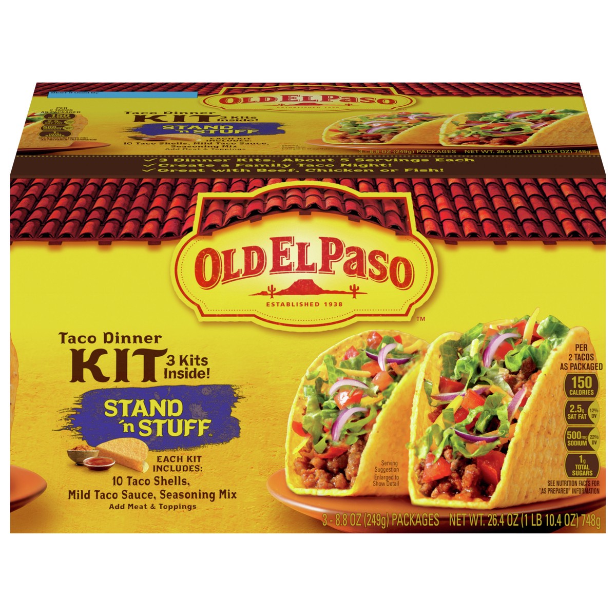 slide 11 of 13, Old El Paso Stand 'N Stuff Taco Dinner Kit with Taco Shells, Taco Sauce, and Seasoning Mix, 3 Pack, 26.4 oz, 3 ct